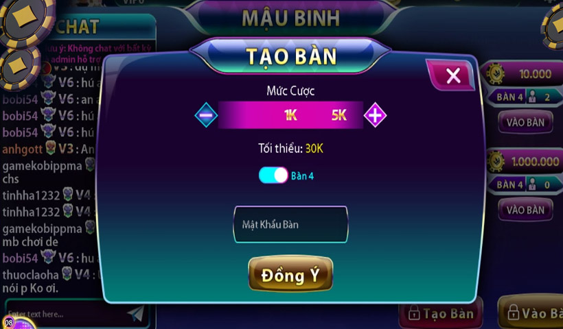 Casino Online VIN777- người chơi có thể vào bàn hoặc tạo bàn 